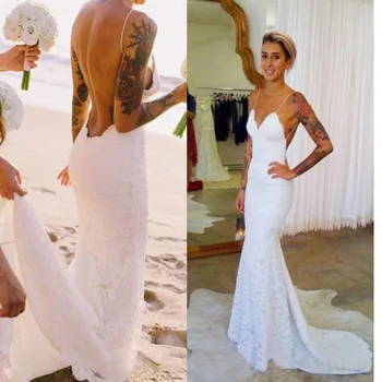 2022 Белые кружевные пляжные свадебные платья Русалки на бретельках с открытой спиной, свадебные платья robe de mariage vestido de novia