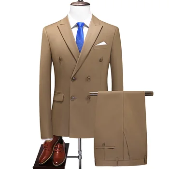 2022 Модный Новый мужской деловой двубортный однотонный костюм, пальто/ Мужской Тонкий Свадебный Комплект из 2 предметов, Блейзеры, куртка, Брюки, Брюки