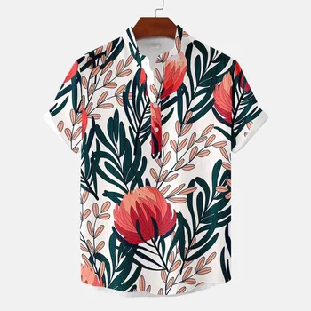 2023 Высококачественная новейшая классическая гавайская льняная весенне-летняя мужская повседневная льняная рубашка с коротким рукавом и воротником-стойкой, мужская рубашка большого размера ca