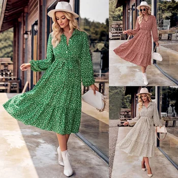 2023 Осенне-зимняя женская одежда для отдыха Новый продукт Платье-рубашка с принтом на талии и длинными рукавами