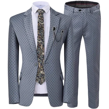2024 Новый мужской свадебный костюм из 2 предметов с принтом в горошек, приталенные смокинги с вырезами на лацканах, серый (блейзер + брюки)