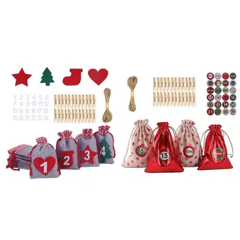 24ШТ Рождественский Адвент-календарь, сумки с веревочными зажимами, наклейки, подарочная сумка на шнурке из войлока / льна, сумка для хранения конфет, висящая на стене