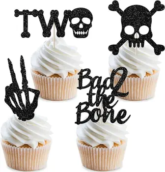 36шт Bad Two The Bone Cake Toppers Декор на 2-й день рождения в стиле рок, череп, принадлежности для вечеринки на Второй день рождения для мальчика и девочки