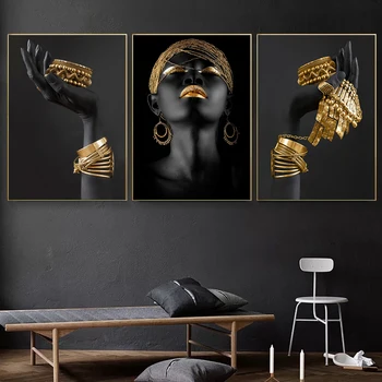 3ШТ Африканская женщина Настенная живопись Художественные плакаты и принты Большой черный с золотыми украшениями Холст Картина для декора гостиной