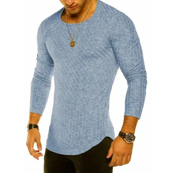 B8848 Весенняя мужская футболка с длинным рукавом, повседневная, с круглым вырезом, в полоску, эластичная, забавная уличная одежда, однотонные футболки, топы в стиле хип-хоп