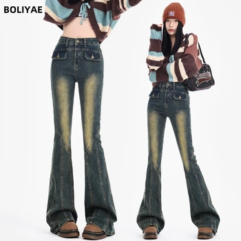 BOLIYAE, сексуальные джинсы в американском ретро стиле с высокой талией, женские модные синие расклешенные брюки с легкой полосой, женские узкие брюки