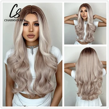 CharmSource Длинные светлые парики омбре Подчеркивают Белые волнистые парики из синтетических волос с темными корнями, женские повседневные вечерние Термостойкие волокна