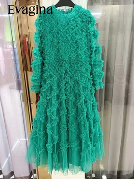 Evagina, Новое дизайнерское платье для подиума, Женское Богемное зеленое элегантное вечернее платье с круглым вырезом и длинными рукавами, украшенное деревянными ушками