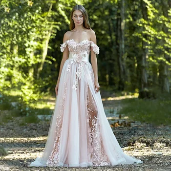 Fashion 3D flower Pink Wedding Dresses with  Split Floor Length Wedding Gowns robes de mariage платье на новый год 2022