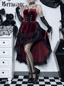 GothGirl Y2K, Готическое винтажное коктейльное платье для вечеринок, Женское кружевное платье с неровными складками на подоле, Эластичный пояс, Плиссированное Струящееся Облегающее платье-слинг