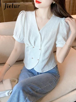 Jielur, Летний Новый топ с французскими складками, женская модная однотонная короткая рубашка с пышными рукавами, женская элегантная тонкая женская блузка с V-образным вырезом