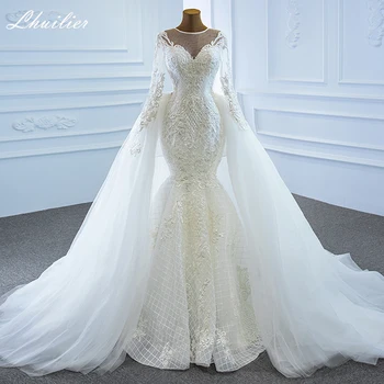 Lhuilier 2 В 1 Кружевные свадебные платья русалки с длинными рукавами, расшитые жемчугом, свадебные платья длиной до пола со съемным шлейфом