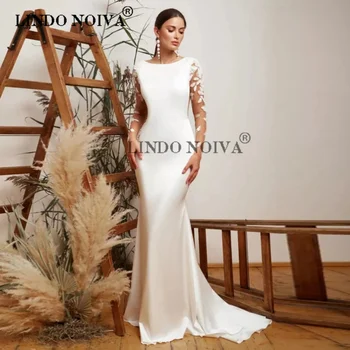 LINDO Круглый вырез, длинный рукав, Свадебное платье Русалки Для женщин, длина до пола, пуговицы, Элегантные аппликации, Свадебное платье vestido de noiva