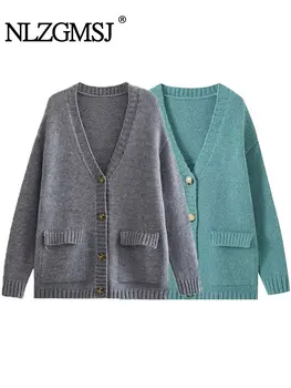Nlzgmsj TRAF 2024, Женский длинный вязаный кардиган, винтажный свитер с V-образным вырезом, Кардиган, Зимние женские однобортные свитера