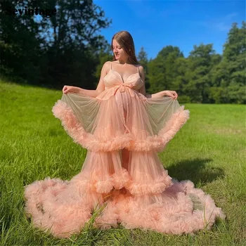 Sevintage Винтажные Телесно-Розовые вечерние платья в стиле ампир для беременных, Тюлевые многоуровневые оборки, платья для беременных, платья для выпускного вечера со шлейфом