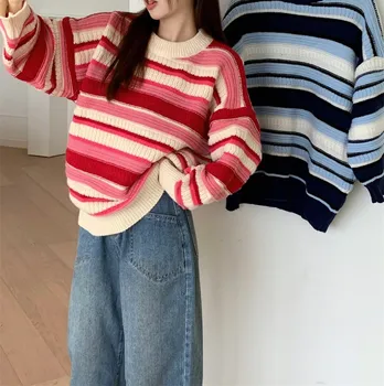 WYBLZ Весенне-осенний женский свитер Корейской моды с круглым вырезом, свободный вязаный свитер в полоску, женская одежда, повседневные пуловеры, топы
