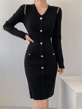 Zabrina Элегантное вечернее трикотажное платье Миди, черное платье с V-образным вырезом в стиле пэчворк, приталенные платья, женская мода, трикотажные платья с длинным рукавом DPocket