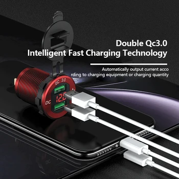 Автомобильное зарядное устройство с двумя USB QC 3.0, алюминиевая розетка, зарядное устройство с цифровым дисплеем напряжения для автомобиля 12 В/24 В, мотоцикла