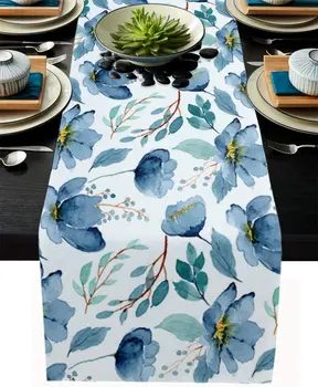 Акварельно-синие льняные скатерти с листьями и цветами, украшение кухонного стола, Цветочное искусство, скатерти для обеденного стола, декор для праздничной вечеринки