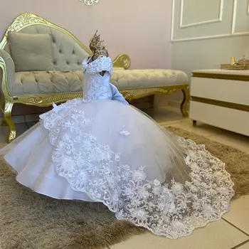 Белое пышное свадебное платье с цветочным узором для девочек, Кружевная 3D аппликация, пышный жемчуг, детский день рождения, расшитое бисером тюлевое платье для Первого причастия