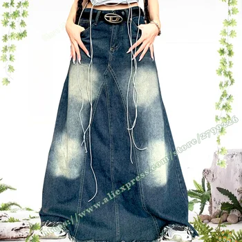 бесплатная доставка, Мытье пола, Винтажная повседневная длинная юбка трапециевидной формы, женские джинсовые юбки Макси 2023 г.