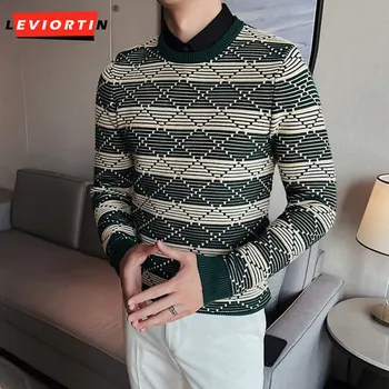 Весенне-осенний Новый мужской искусственный свитер из двух частей, приталенная модная высококачественная клетчатая трикотажная рубашка, мужской повседневный пуловер