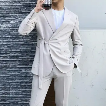 Весенние мужские костюмы из 2 предметов С поясом, белые дизайнерские Высококачественные костюмы на заказ Для шафера, Красивый деловой пиджак + брюки