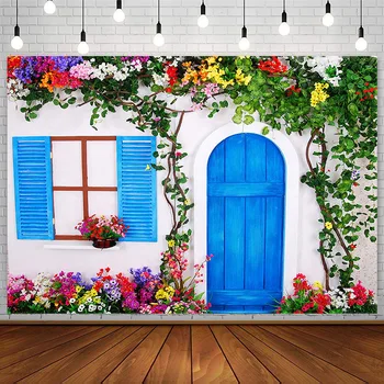 Весенний цветочный фон Avezano Цветок Зеленые листья Фон для фотосъемки Студия Синяя дверь Окно Фотозона Украшение для фотосессии