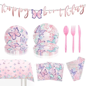 Весенняя вечеринка в стиле бабочки Одноразовая посуда, скатерть, чашка, тарелка, баннер для вечеринки по случаю дня рождения принцессы, декор для детского душа