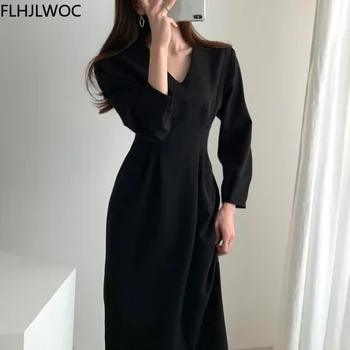 Весна-осень 2021, женское однотонное черное элегантное офисное женское платье с V-образным вырезом, модное длинное корейское шикарное платье