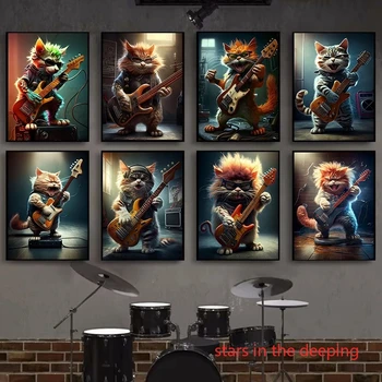 Винтажная Забавная рок-н-ролльная музыка, Классный кот, играющий на гитаре, плакаты с животными, картина на холсте, настенные принты, картина для домашнего декора комнаты