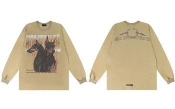 Винтажная футболка Мужская в стиле хип-хоп с принтом собаки Доберман, потертая футболка с длинным рукавом, уличная одежда, хлопковые свободные рубашки, топы