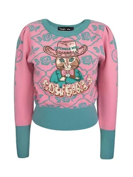 Винтажный Жаккардовый свитер с мультяшной вышивкой, пуловер, Женские стильные шикарные модные женские топы, трикотажные джемперы с длинным рукавом и круглым вырезом