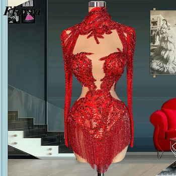 Выпускные платья Floria Red с длинными рукавами Винтажное Ближневосточное вечернее платье с мини-кисточками, платье для подиума с красной ковровой дорожкой, Vestidos De Mujer
