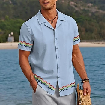 Гавайские мужские рубашки с объемной волнистой линией, мужская рубашка с 3D-графикой, пуговица на лацкане, короткий рукав, модная мужская футболка, повседневная уличная одежда