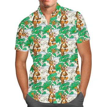 Гавайские рубашки Disney Tigger Рубашки Унисекс с коротким рукавом Гавайские рубашки Disney Винтажные рубашки на пуговицах Повседневные пляжные рубашки