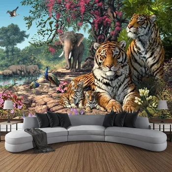 Гобелен с рисунком лесного Тигра в гостиной, Фон спальни, Гобелен на стене, Татами, Прикроватный Арт-декор, Гобелен с животными