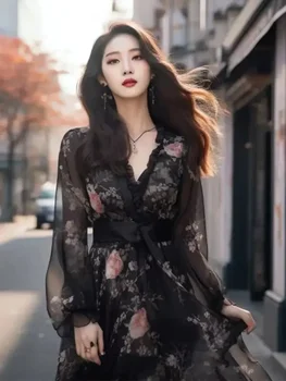 Длинное сексуальное винтажное платье Осень 2024 Весна Женская одежда Высокого качества, Элегантное, Тонкое, Темпераментное, черное платье с принтом, облегающее