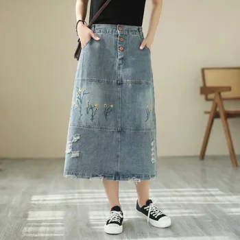 Длинные джинсовые юбки с винтажной вышивкой в японском стиле Harajuku Sweet Mori Girl, Богемная синяя джинсовая юбка с вышивкой
