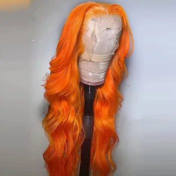Длинный волнистый парик оранжевого цвета Синтетический парик с кружевом спереди Средняя часть для чернокожих женщин Парики с кружевом спереди из высокотемпературного волокна