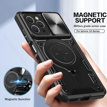 Для Iphone 15 Pro Max 5G Case Slide Camera Protect Armor Чехлы Iphone15 Iphoen Ipone Iphon 15 ProMax Чехол-Держатель С Магнитным Кольцом