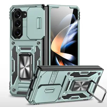 для Samsung Galaxy Z fold 5 Чехол с выдвижной крышкой объектива, подставкой с магнитным кольцом на 360 °, модернизированный ударопрочный чехол военного класса