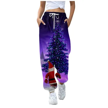 Женская мода Спорт Карман на шнурке с принтом Рождественской елки Повседневные спортивные брюки Pantalones De Mujer Cintura Alta