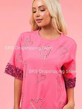 Женская модная повседневная футболка с коротким рукавом и блестками на День Святого Валентина 2024, Розовая, с круглым вырезом, с пайетками