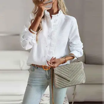 Женская офисная рубашка, шикарная блузка в стиле пэчворк с воротником-лацканом и рюшами, Элегантная женская рубашка средней длины с мягкой дышащей подкладкой для осени