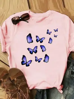 Женская футболка с милым принтом в виде бабочки, летняя модная одежда с коротким рукавом и принтом, женские повседневные футболки с графическим рисунком.