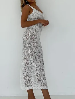 Женские кружевные прозрачные платья Y2k, Облегающее Длинное платье на бретельках с глубоким вырезом, Пляжная одежда Z2-белый Средний