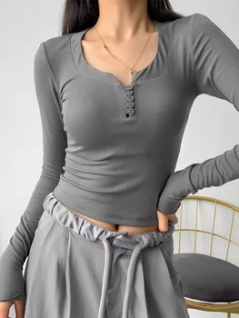 Женские сексуальные топы, облегающий топ с V-образным вырезом и пуговицами, однотонная футболка с длинным рукавом