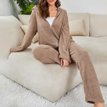 Женский пижамный комплект с топами и брюками на молнии, однотонные брюки с капюшоном и длинными рукавами, домашняя одежда, теплые осенне-зимние пижамы