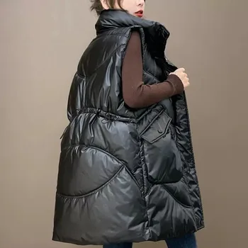 Женский свободный теплый хлопковый жилет средней длины, яркое модное пальто с завязками для умывания, зимняя женская утепленная куртка без рукавов